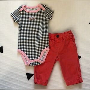 Calvin Klein|Baby girl two piece bundle,coral red chino pants & gingham bodysuit